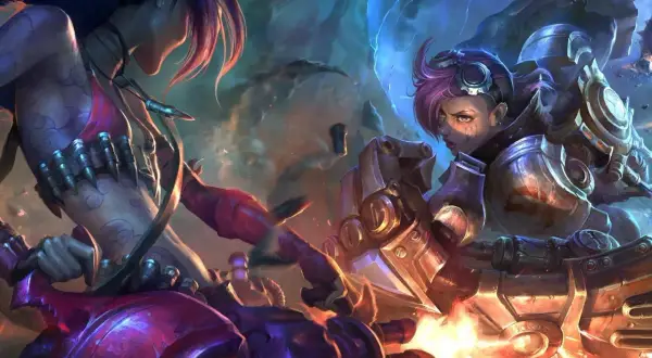 Dwie postacie damskie z League of Legends w akcji. Jinx i Vi walczą, wystrzeliwując pociski i używając swoich mechanicznych ramion.