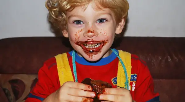 Bambino con cioccolato in bocca e sulle mani, che tiene un pezzo di torta.