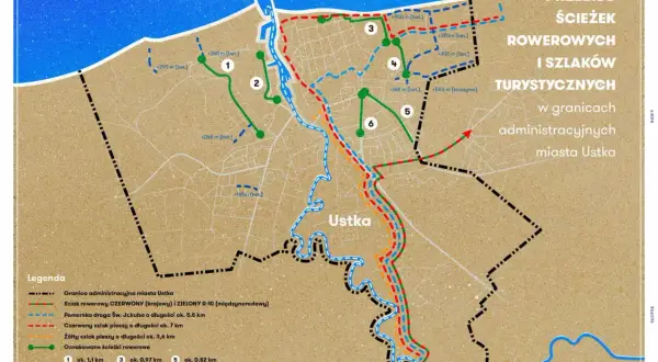 Mapa przebiegu tras rowerowych i szlaków turystycznych w Ustce. Obejmuje ścieżki rowerowe, drogi piesze i kajakowe w okolicach Morza Bałtyckiego.