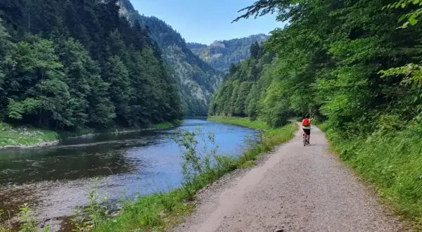 Rowerzystka przemierza malowniczą trasę velo dunajec w otoczeniu gór i lasów.