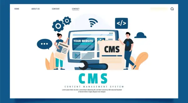 Ilustracja przedstawia ludzi pracujących nad systemami e-commerce, tworząc i zarządzając stronami internetowymi za pomocą CMS.