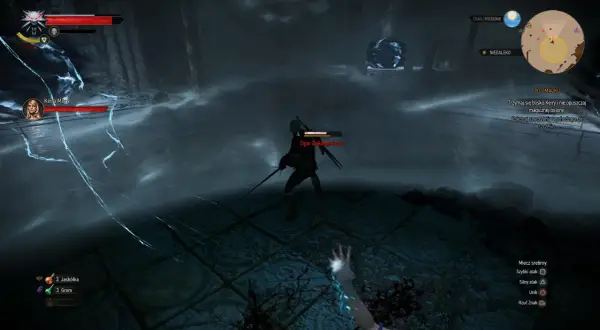 Geralt walczy z Ogarami Dzikiego Gonu w mrocznej lokacji. Keira Metz wspiera go magiczną osłoną. To trudne polowanie na czarownice w Wiedźmin 3.