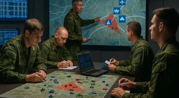 Wojskowi planują strategię na mapie taktycznej, jak w grach o wojnie.