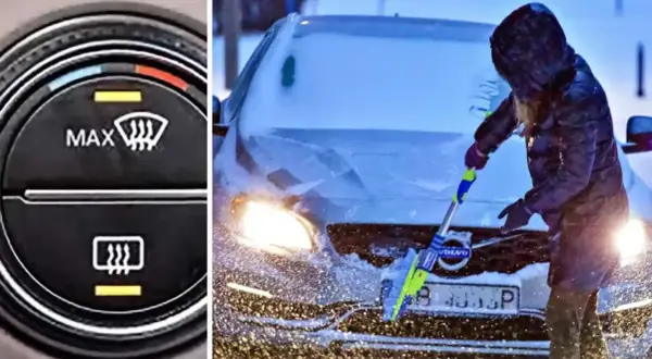 Klimatanläggningens reglage visar hur man ställer in temperatur i bilen på vintern. En person skrapar is från en snötäckt bil.
