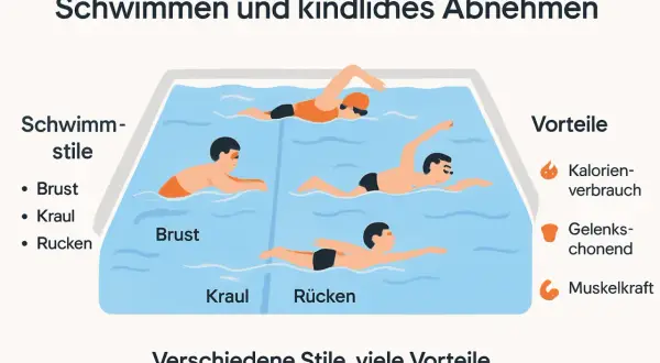 Schwimmen und kindliches Abnehmen: Brust, Kraul, Rücken. Viele Vorteile wie Kalorienverbrauch und Muskelkraft.