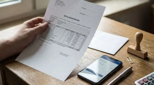 Ręka trzyma dokument "NOTA ODSETKOWA" z tabelą. Obok leży smartfon, długopis, spinacz, pieczątka i kalkulator.