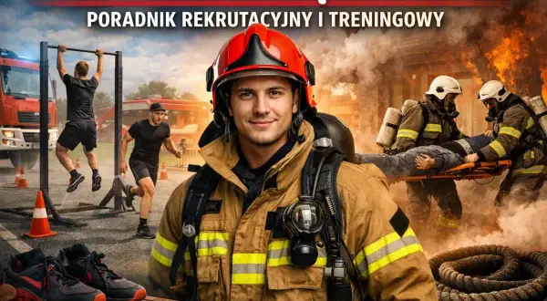 Chcesz wiedzieć, jak zostać strażakiem? Obraz pokazuje trening fizyczny, akcję ratunkową i sprzęt strażacki, wszystko co potrzebne do służby w PSP.