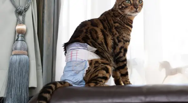 A Bengal cat wears a diaper, managing cat incontinence with dignity.