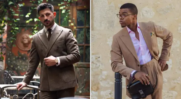 Zwei Männer in eleganten Anzügen. Einer trägt einen braunen Tweed-Anzug, der andere einen hellbraunen Leinenanzug mit pinkfarbenem Hemd. Vielfalt bei den Anzug Farben.