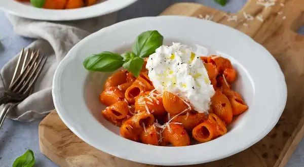 Krämig nduja pasta med burrata och färsk basilika, serverad på en vit tallrik.