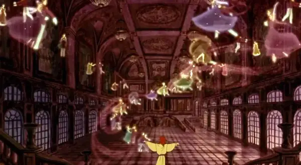Wielka sala balowa, gdzie unoszą się duchy tańczących postaci, jak w "Once Upon a December".