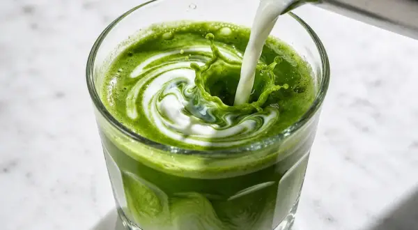 Mleko wlewa się do zielonego napoju, tworząc wiry. Idealny sposób, jak zrobic matche.