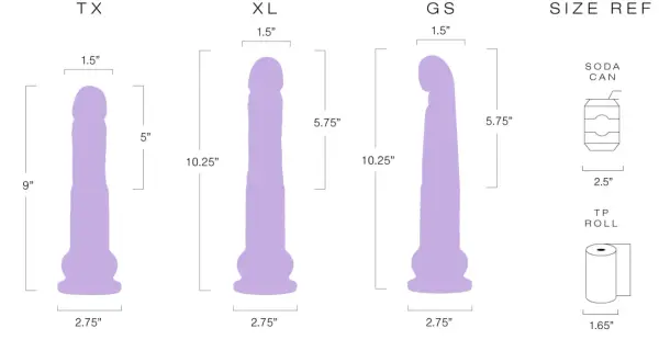 Porównanie rozmiarów: TX (23 cm), XL (26 cm) i GS (26 cm). Obok puszka napoju i rolka papieru toaletowego.