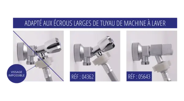Robinet machine à laver chromé, avec adaptateur pour tuyau. Différents modèles présentés.
