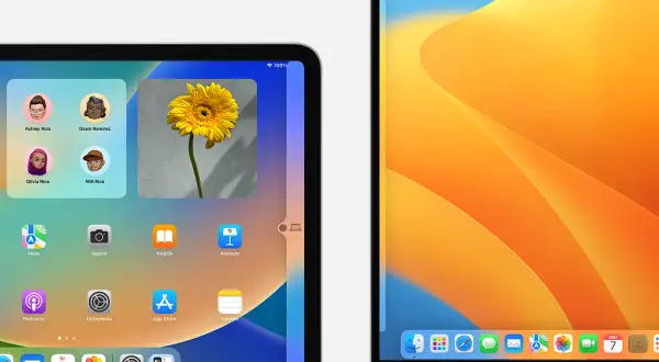 Nowe urządzenia Apple z promocją apple zniżka studencka. Widok ekranu iPada z aplikacjami oraz MacBooka z dynamiczną tapetą.
