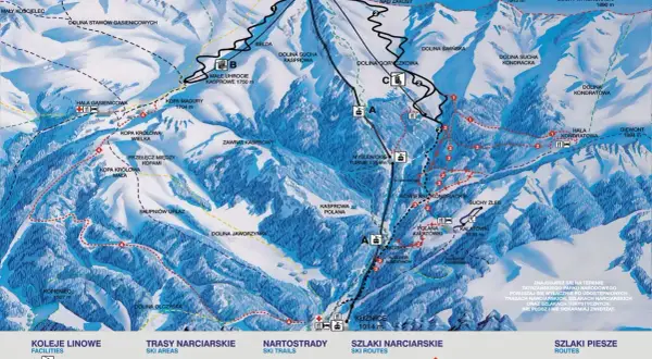 Mapa Tatr z zaznaczonymi szlakami pieszymi na Kasprowy Wierch.