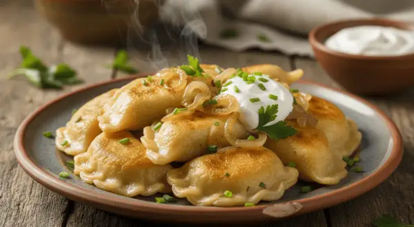 Dampfende Piroggen mit Zwiebeln, Petersilie und einem Klecks Sauerrahm. Ein köstliches Piroggen Rezept zum Nachmachen.