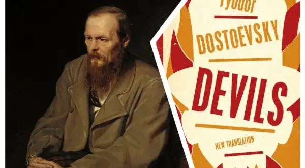 Portret Dostojewskiego obok okładki "Biesów". Obraz odzwierciedla motyw winy i kary w zbrodni i karze, ukazując wewnętrzne rozterki bohatera.