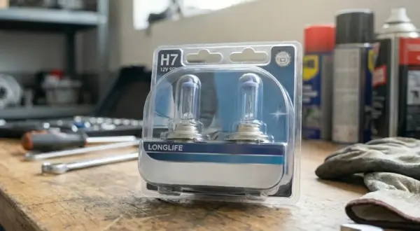 Opakowanie z dwiema żarówkami H7 Longlife, gotowe do montażu. To najmocniejsza żarówka H7, która zapewni doskonałą widoczność.