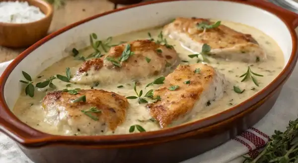 Quatre morceaux de poulet dorés baignant dans une sauce crémeuse onctueuse, garnie d'herbes fraîches. Un délice de poulet à la crème.