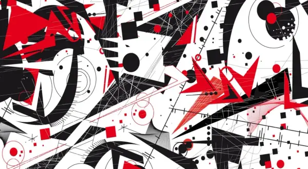 Un vortice di forme geometriche rosse e nere, un'esplosione visiva che evoca la sinestesia, significato di unione tra sensi.