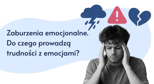 Młody mężczyzna z rękami na skroniach, symbolizujący ból duszy objawy. Nad nim chmura burzowa, wykrzyknik i złamane serce.