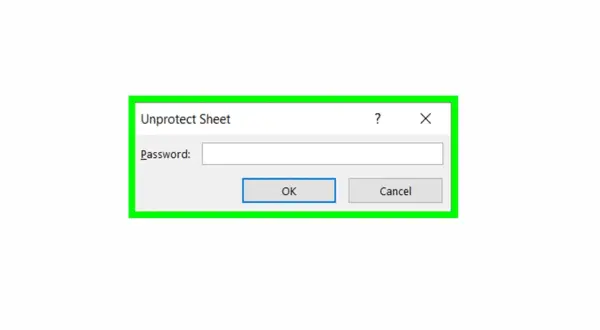 Okno dialogowe "Unprotect Sheet" z polem na hasło, przyciskami OK i Anuluj. Pokazuje, jak wyłączyć ochronę arkusza Excel.