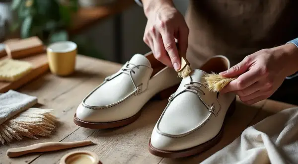 Des mains nettoient délicatement des mocassins en nubuck clair avec une brosse. Apprenez comment nettoyer du nubuck clair pour un entretien parfait.