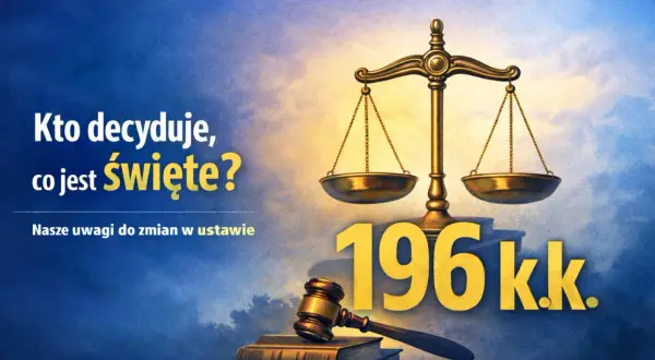 Waga sprawiedliwości i młotek sędziowski symbolizują prawo, które chroni wolność słowa. Pytanie "Kto decyduje, co jest święte?" i numer 196 kk. sugerują debatę prawną.
