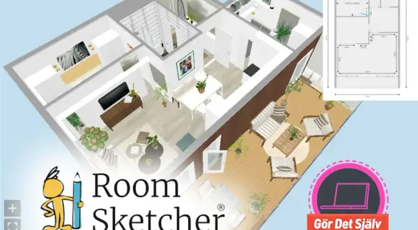 En 3D-vy av ett hus med möbler och en planlösning. Ett ritprogram för hus som hjälper dig att skapa ditt drömhem.