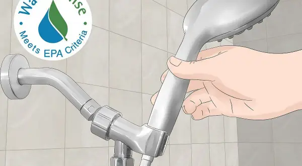 A hand holds a new shower head, ready to replace the old one. The WaterSense label indicates it meets EPA criteria for water efficiency.