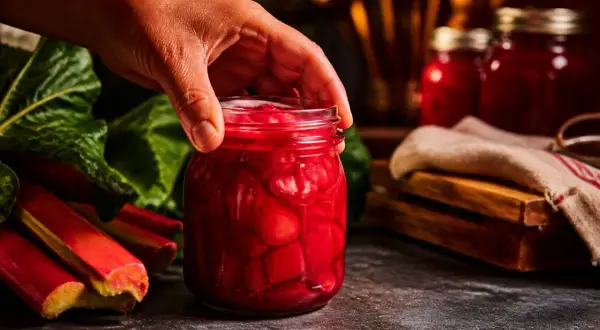 Hand reaches for a jar of glistening rhabarber kompott. Fresh rhubarb stalks and leaves are nearby.
