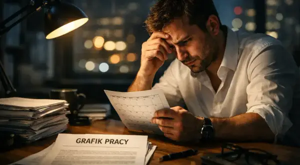 Zamyślony mężczyzna analizuje grafik pracy przy biurku. W niedzielę czeka go praca.