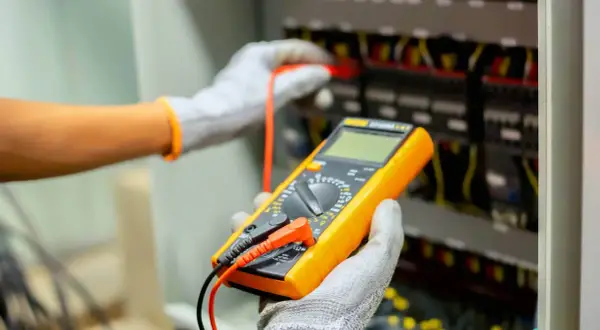 Elektryk w rękawicach dokonuje odbioru instalacji elektrycznej, używając multimetru do sprawdzenia parametrów.