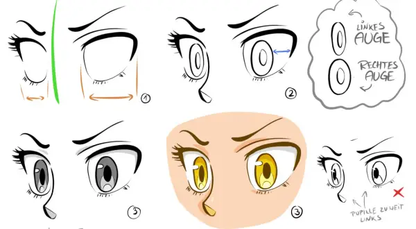 Anime-Augen-Tutorial: Verschiedene Darstellungen und Schritt-für-Schritt-Anleitungen zum Zeichnen.