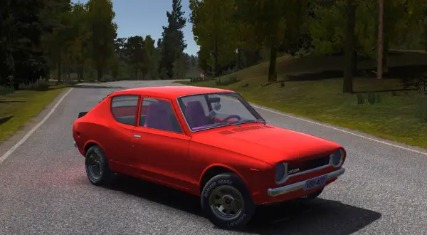 Czerwony, klasyczny samochód na letniej drodze, gotowy na przygodę w grze "my summer car".
