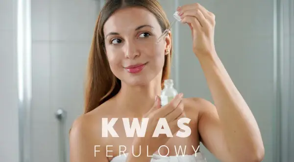 Kobieta aplikuje serum z kwasem ferulowym na twarz. Skóra promienieje zdrowiem.