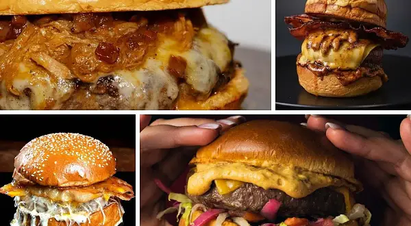 Cuatro deliciosas hamburguesas, cada una un campeón de sabor, con queso derretido, tocino crujiente y cebolla caramelizada.