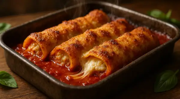 Cannellonis gratinés dans leur sauce tomate, un délice pour une recette cannelloni parfaite. La vapeur s'échappe, le fromage fond.
