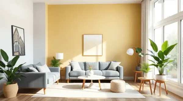 Un salon baigné de lumière avec un mur jaune soleil, des canapés gris doux et des plantes vertes luxuriantes. La couleur peinture salon lumineux crée une ambiance chaleureuse.