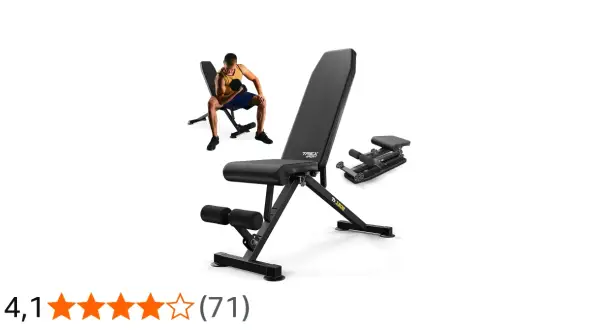 Verstellbare Hantelbank von T-Rex Sport für effektives Krafttraining. Ein Mann trainiert mit Hanteln.