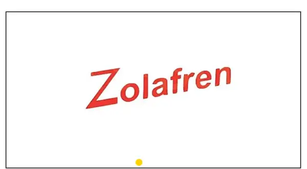 Czerwony napis Zolafren na białym tle. Pod napisem mała żółta kropka.