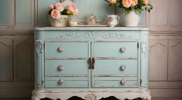 Comò azzurro con maniglie a forma di rosa, decorazioni floreali e un delizioso effetto shabby.