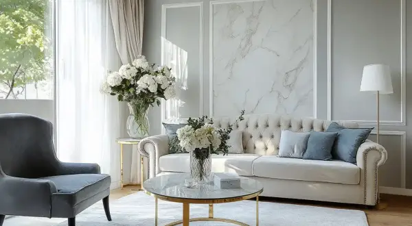 Elegancki salon z sofą i fotelem. Inspiracja na to, jak zrobić ścianę w salonie z efektem marmuru.