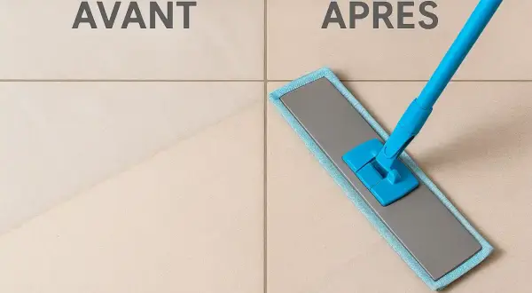 Avant/après : un balai bleu nettoie le carrelage, montrant l'efficacité pour enlever la laitance du carrelage.