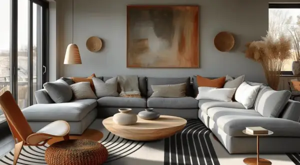 En modern lounge med en stor grå soffa, ett runt träbord och en abstrakt tavla som en statement piece.