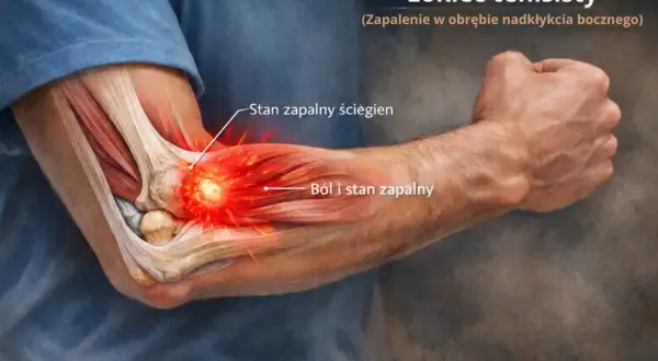 Ilustracja przedstawia łokieć tenisisty, ból i stan zapalny ścięgien. Leczenie łokcia tenisisty jest kluczowe.