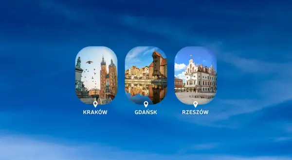 Trzy okrągłe zdjęcia polskich miast: Kraków, Gdańsk i Rzeszów, na tle niebieskiego nieba.