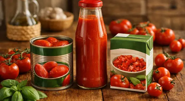 Różnica między sosem marinara a klasyczną passatą pomidorową jest widoczna na stole: puszka całych pomidorów, butelka sosu i kartonik z pokrojonymi pomidorami.
