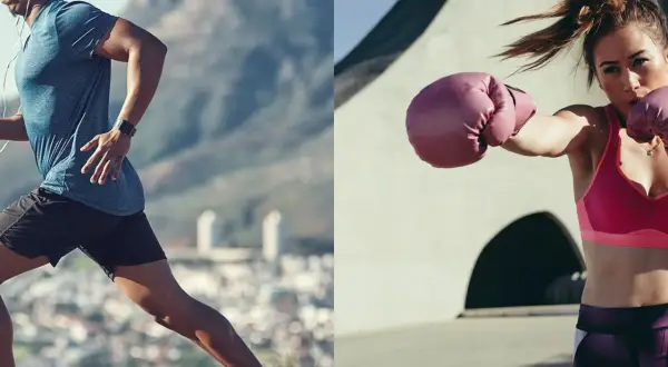Man running outdoors, woman boxing. Both activities are great for burning calories.